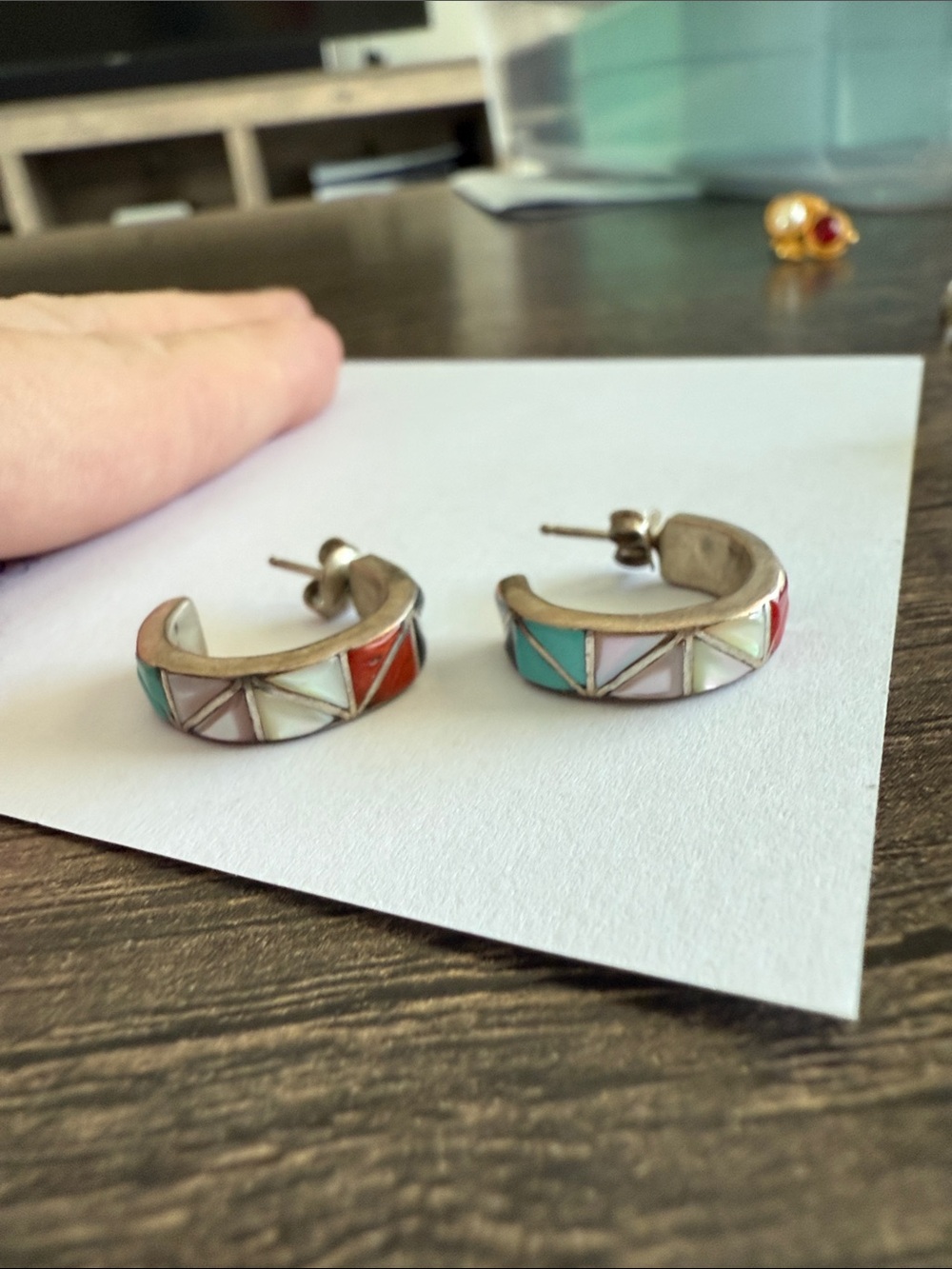 Sterling Inlay Multi-Color Hoop Earrings - Turquoise, Red, White